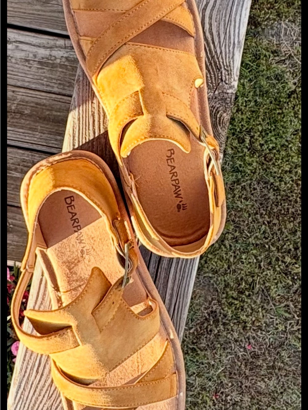 BearPaw Mustard Yellow Suede Wedge Sandals